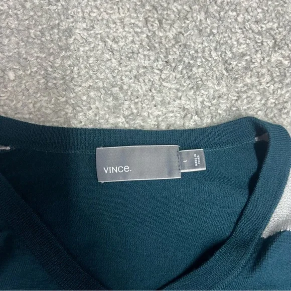 VINCE Sweater Men's Large Teal Gray V-Neck Knit Wool Striped Soft Pullover - Picture 4 of 8